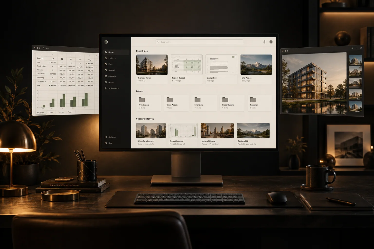 Illustration of an AI workspace connecting documents, spreadsheets and building design
