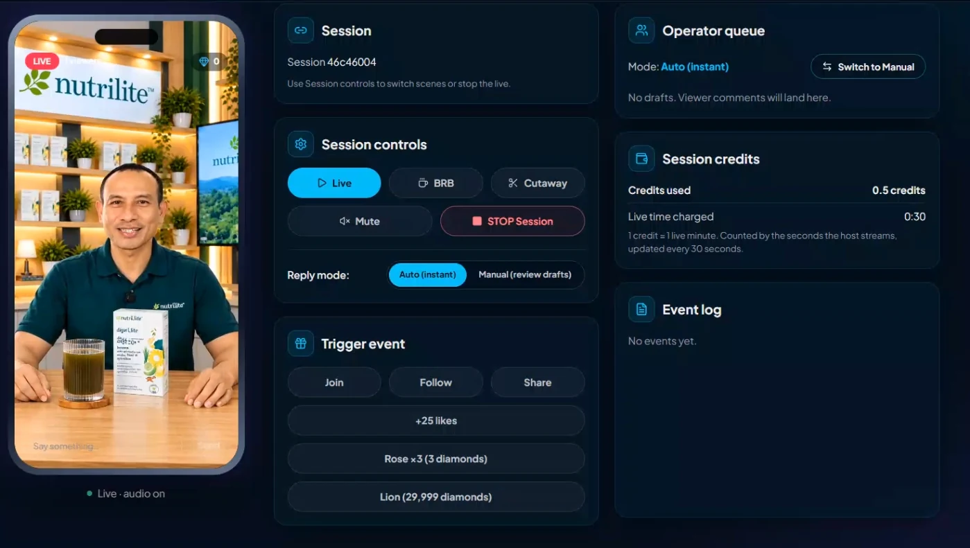 LiveFluencer AI presenter and live session controls