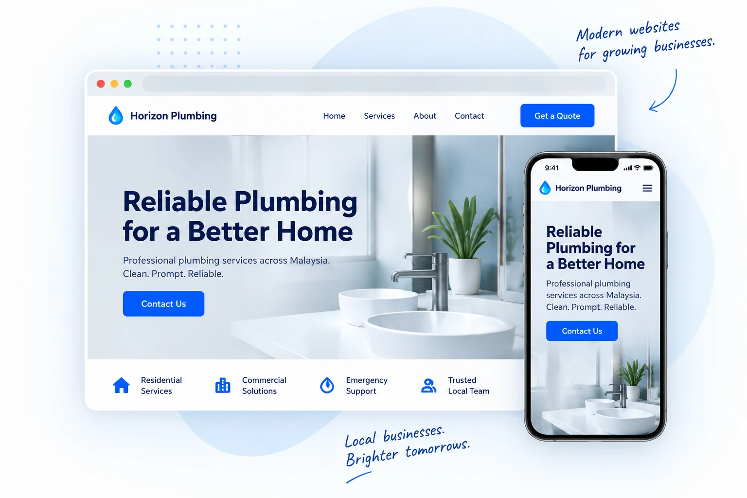 Illustration of a responsive business website on desktop and mobile